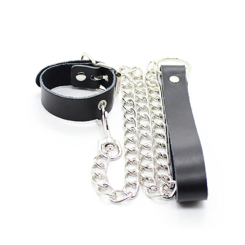 Penis necklace and leather bracelet with metal chain