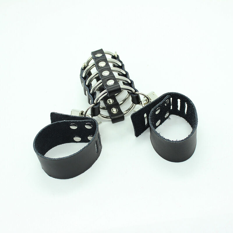 Penis cage with metal rings and leather strap