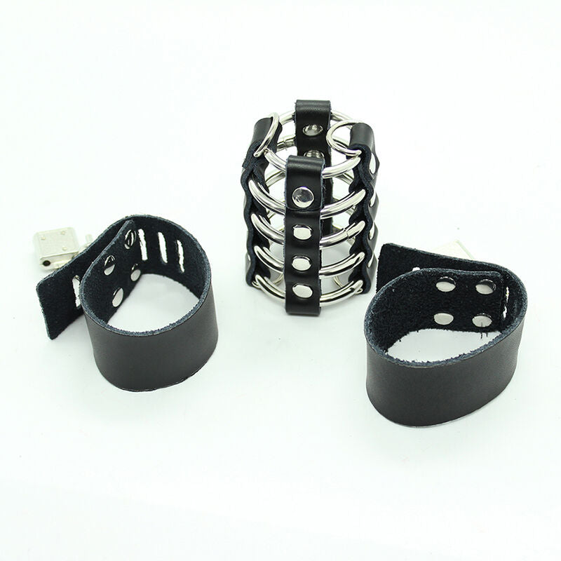 Penis cage with metal rings and leather strap