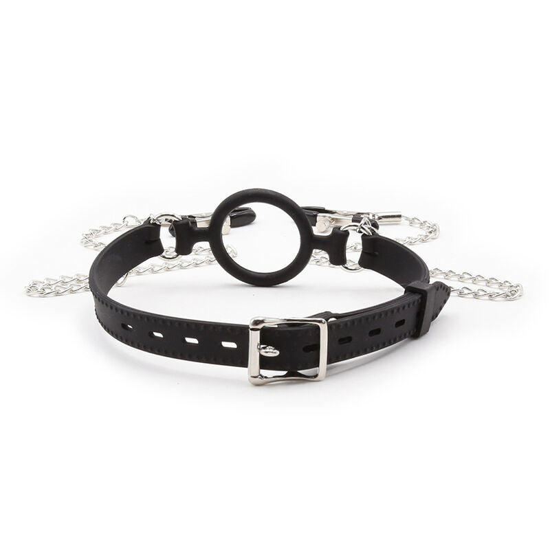 Ring gag with chains and telenol clamps