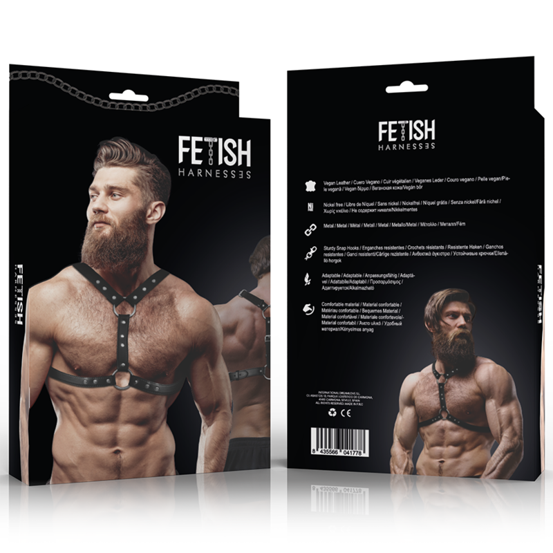 Men's eco-leather chest harness with double support and studs