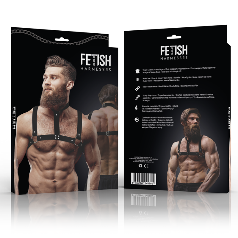 Adjustable eco-leather chest harness with collar for men