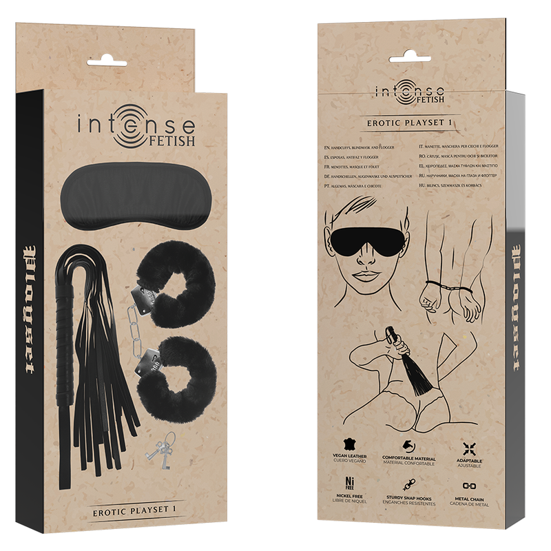 Fetish erotic playset 1 with handcuffs, blindfold and flogger