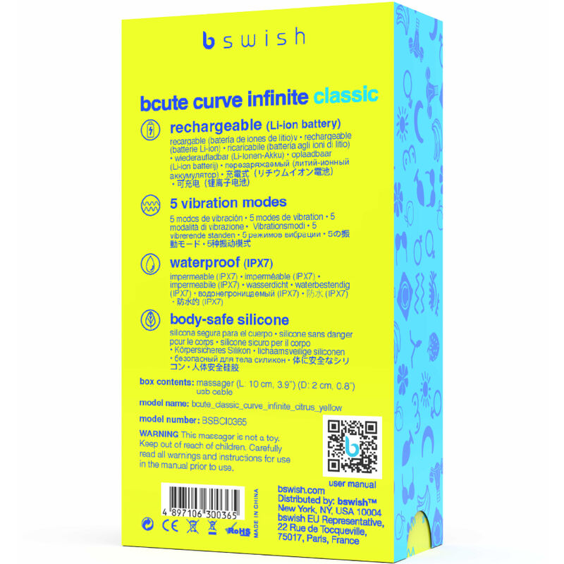 Bcute Curve Infinite Classic Rechargeable Silicone Vibrator Yellow