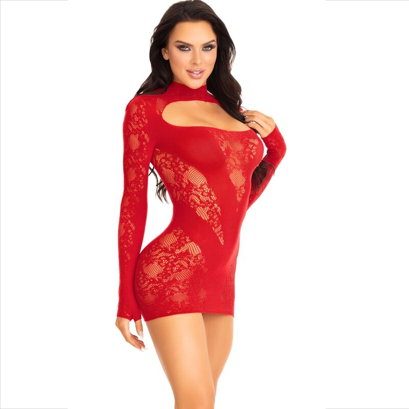 Mini robe avec dentelle manches longues rouge