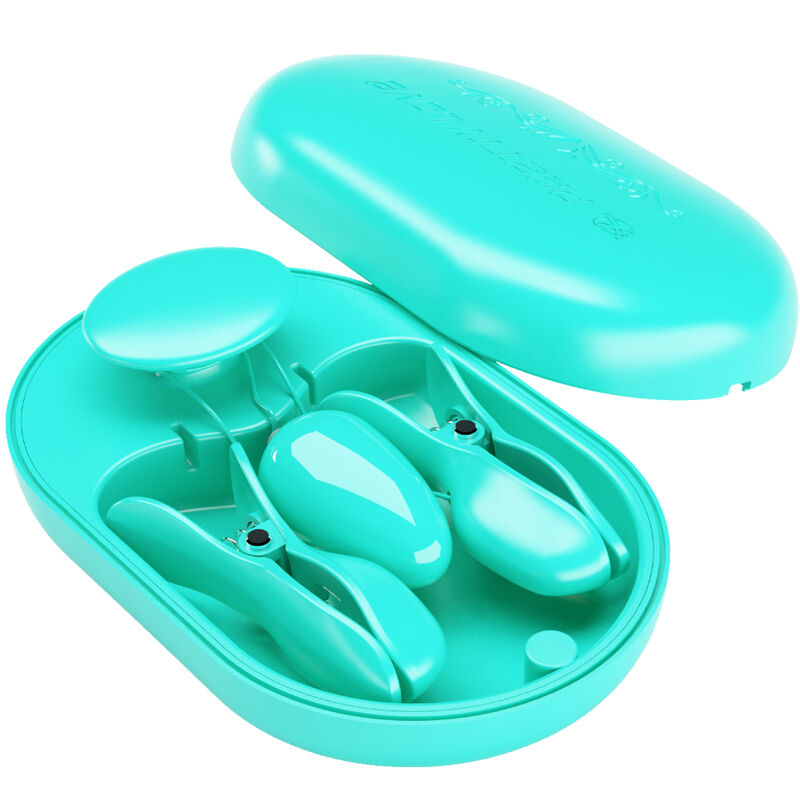 Surprise box with blue electrostimulation clamps