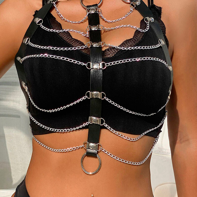 Black leather chain chest harness one size