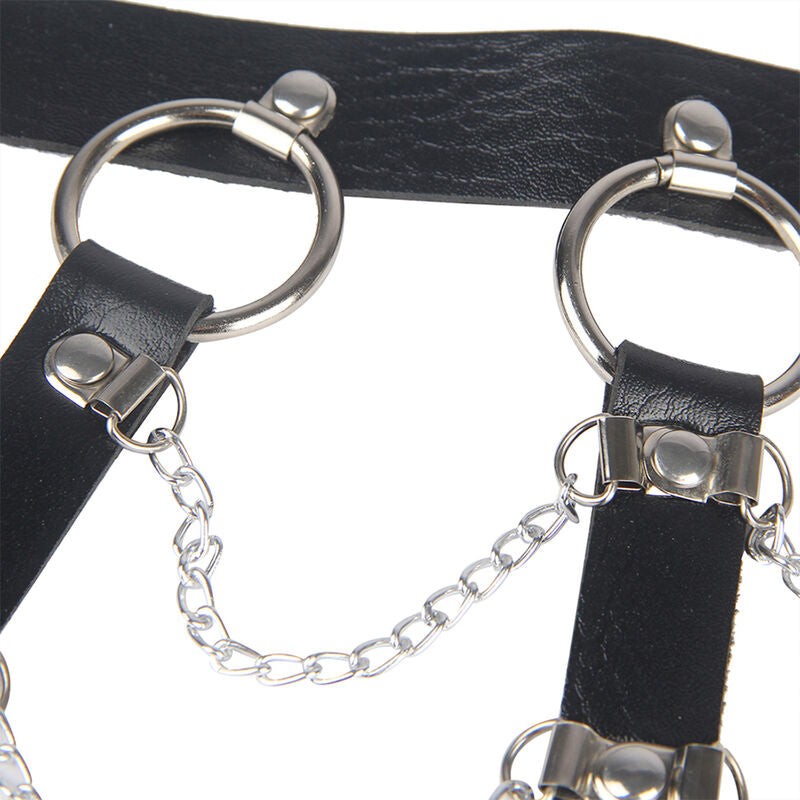 Black leather chain chest harness one size
