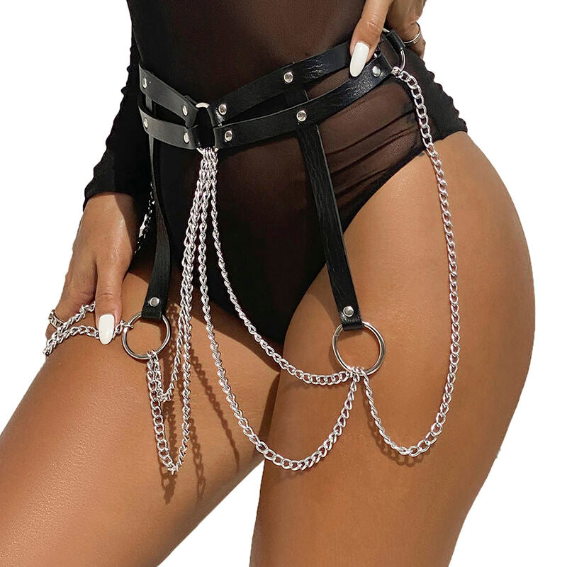 Leather ring chain belt black one size