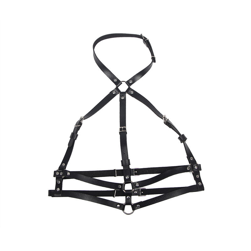 Black leather ring chest harness, one size
