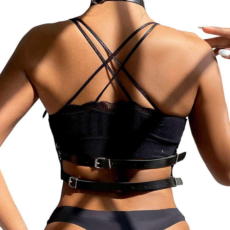 Black leather ring chest harness, one size