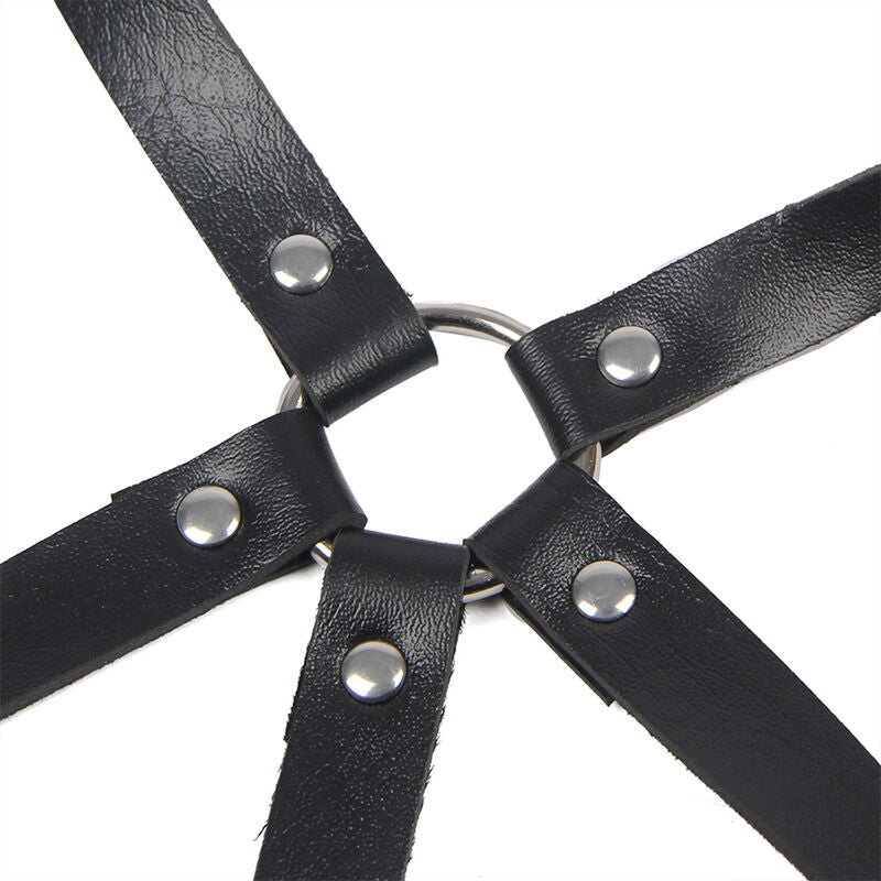 Black leather ring chest harness, one size