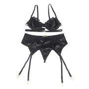 Set of 3 pieces subjectador + tanga + liga encaje negro s/m