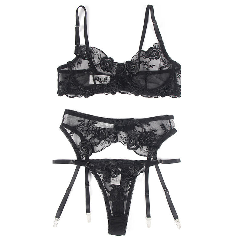 Set of 3 pieces subjectador + tanga + liga stamped floral negro s/m