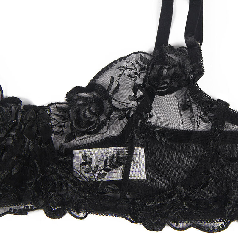 Set of 3 pieces subjectador + tanga + liga stamped floral negro s/m