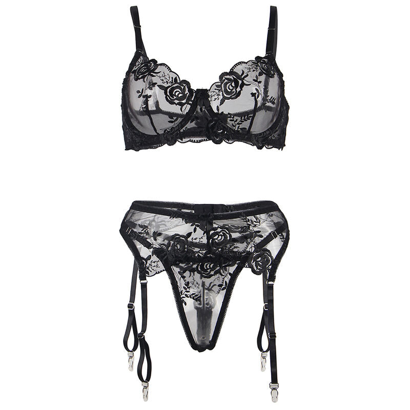 Set de 3 piezas sujetador + tanga + liga estampado floral negro s/m