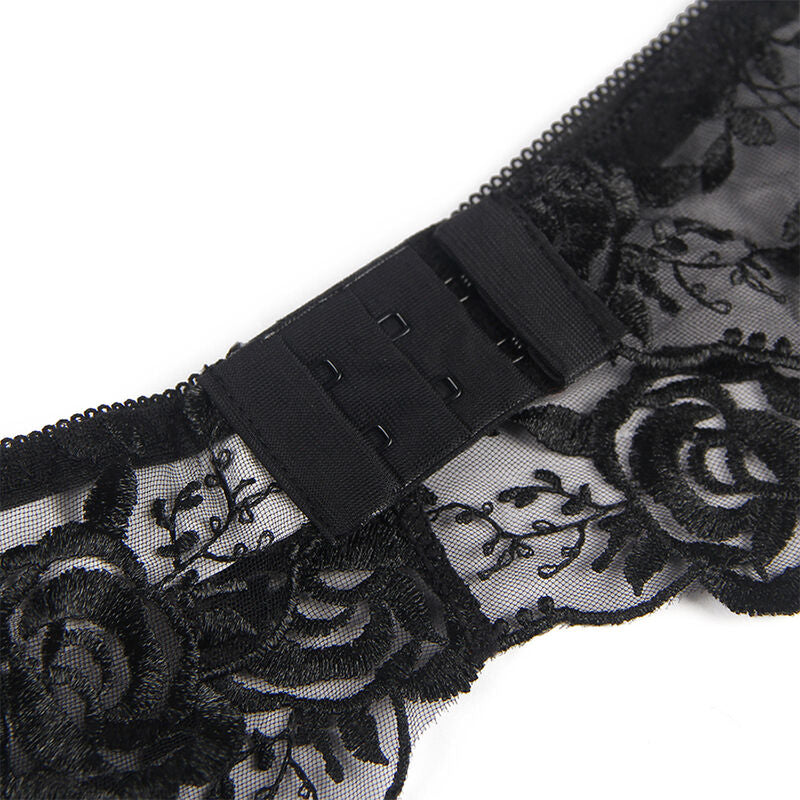 Set of 3 pieces subjectador + tanga + liga stamped floral negro s/m