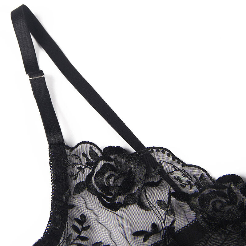Set of 3 pieces subjectador + tanga + liga stamped floral negro s/m