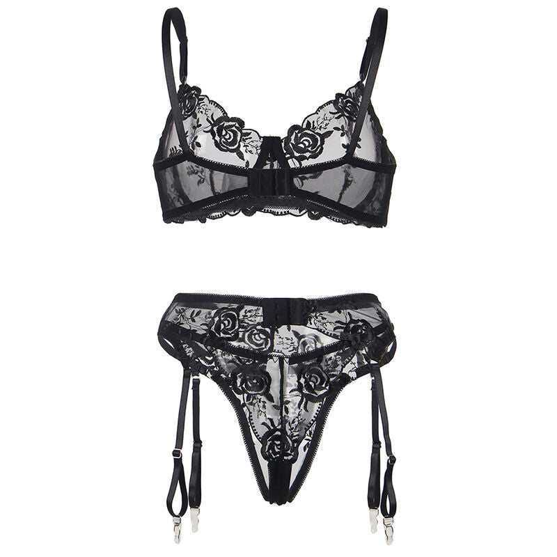 Set of 3 pieces subjectador + tanga + liga stamped floral negro s/m