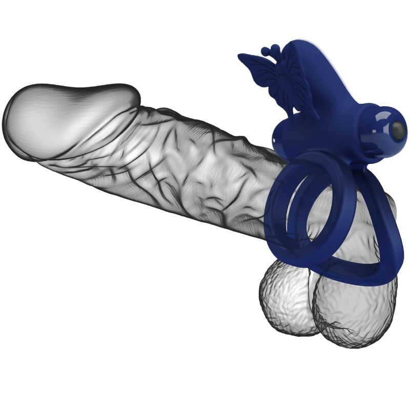 Jamele double anneau avec vibration & stimulateur de papillon bleu