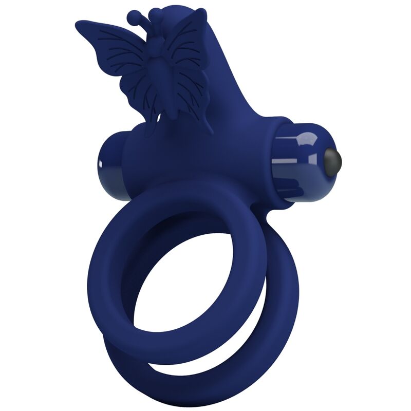 Jamele double anneau avec vibration & stimulateur de papillon bleu