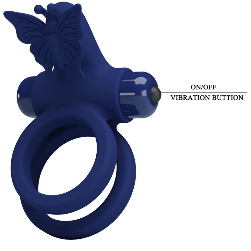 Jamele double anneau avec vibration & stimulateur de papillon bleu
