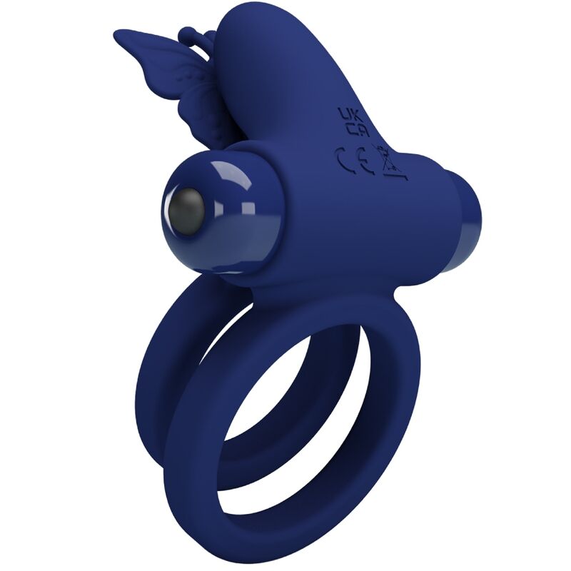 Jamele double anneau avec vibration & stimulateur de papillon bleu