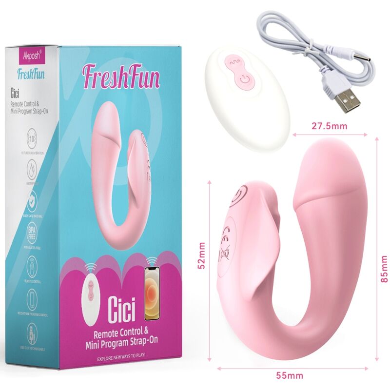 Freshfun Cici Stap-On Vibrator Remote Control &amp; App 10 Vibrations Pink