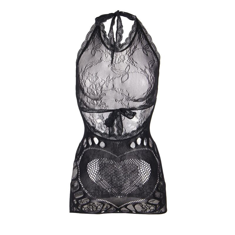 952075 short fishnet dress with back detail and black heart one size