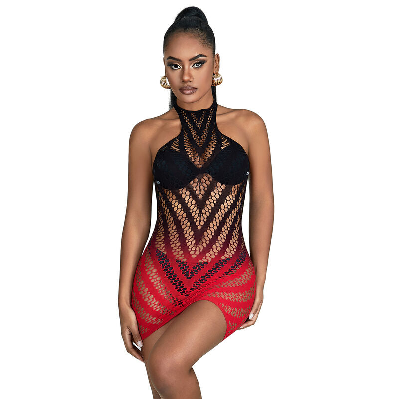 952242 red and black gradient elastic fishnet dress one size