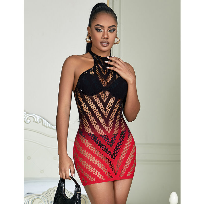952242 red and black gradient elastic fishnet dress one size