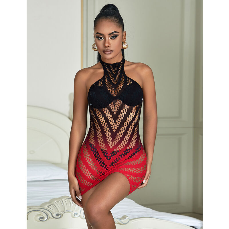 952242 red and black gradient elastic fishnet dress one size