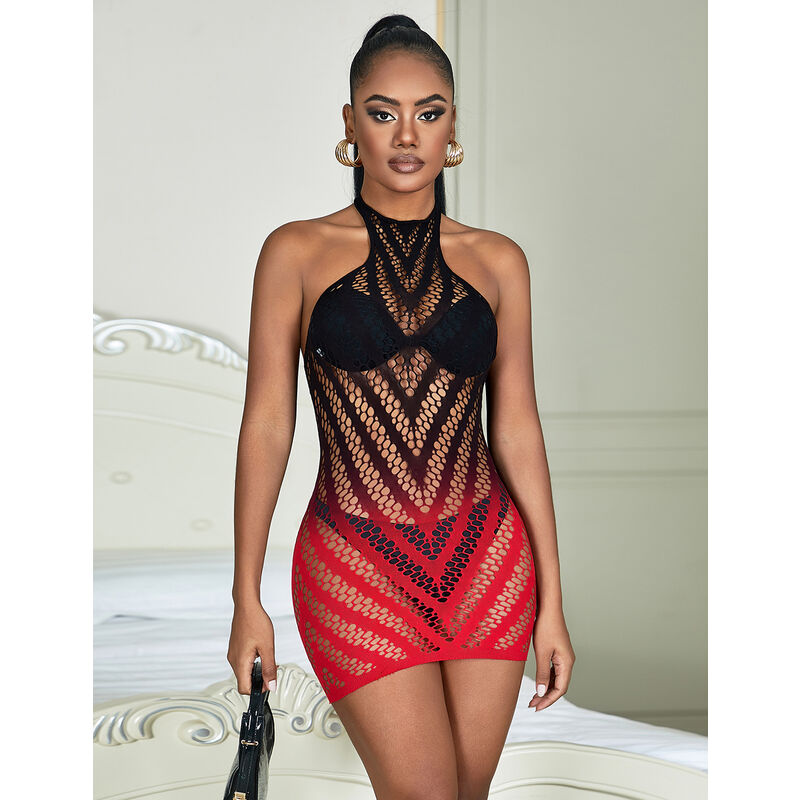 952242 red and black gradient elastic fishnet dress one size