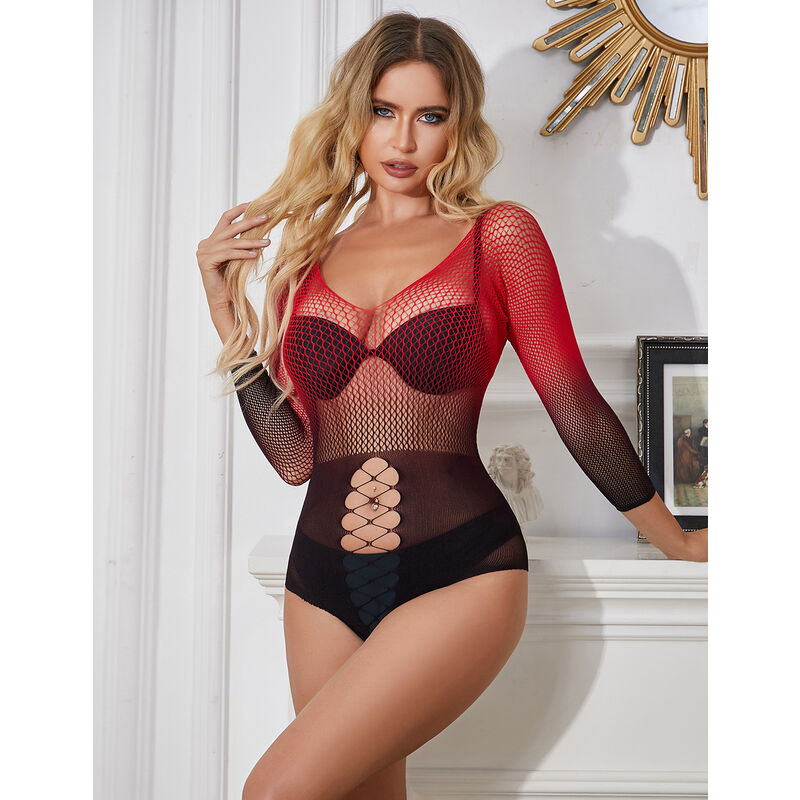 952259 elastic fishnet dress long sleeves red and black gradient one size