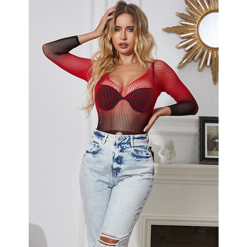 952259 elastic fishnet dress long sleeves red and black gradient one size