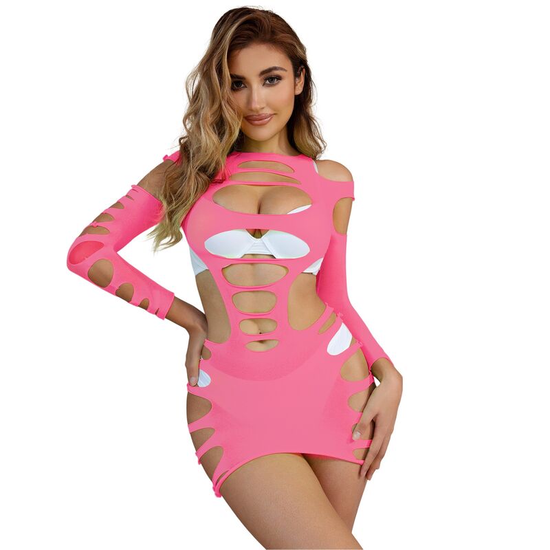 952273 elastic fishnet dress long sleeves pink one size
