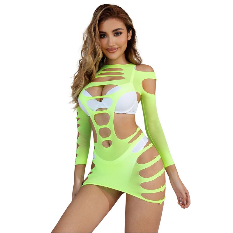 952280 elastic fishnet dress long sleeves green one size