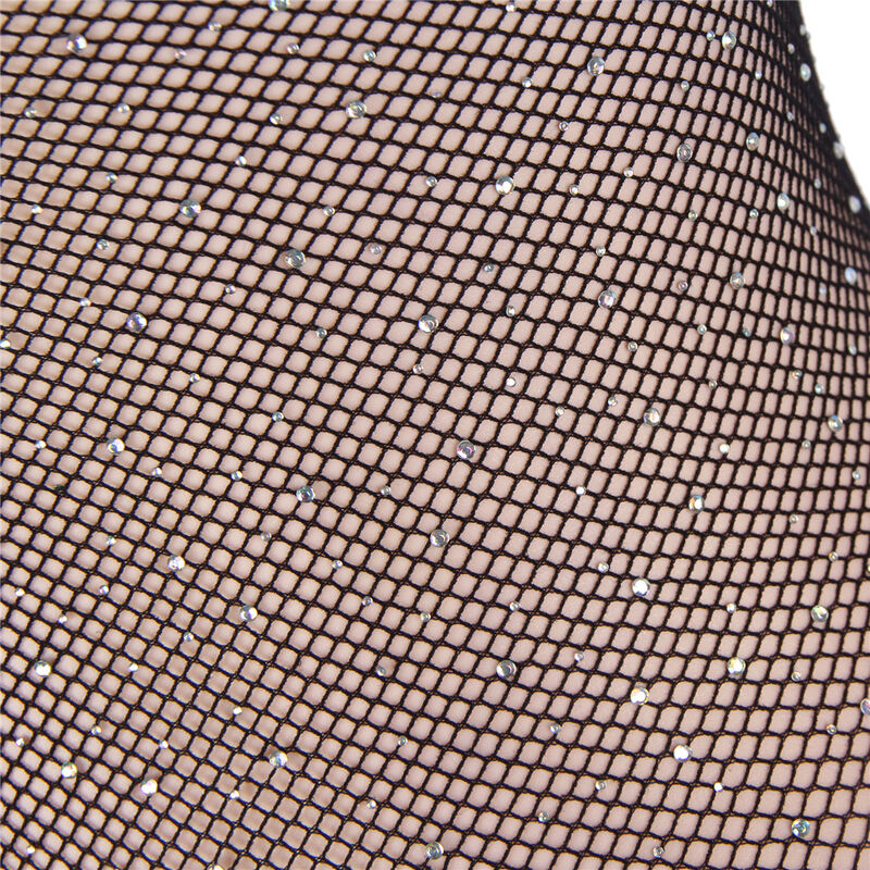 952297 shiny fishnet bodysuit with off-the-shoulder long sleeves black one size