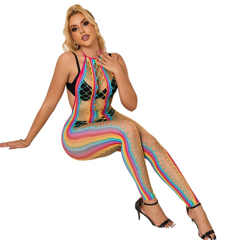 952358 rainbow halter neck fishnet dress one size
