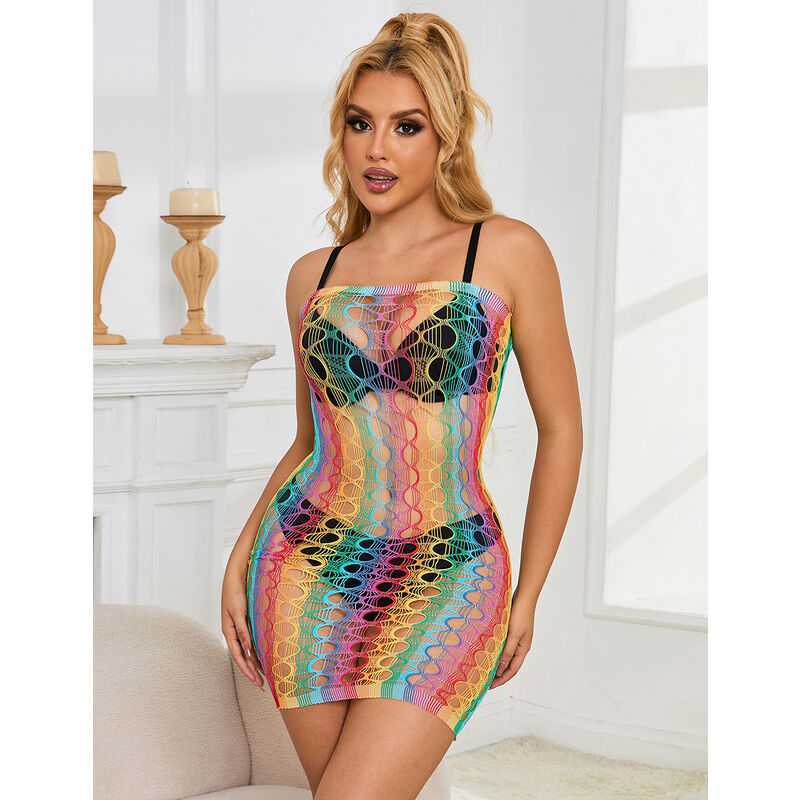952365 rainbow off-the-shoulder fishnet dress one size
