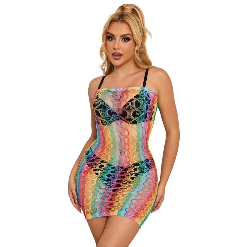 952365 rainbow off-the-shoulder fishnet dress one size