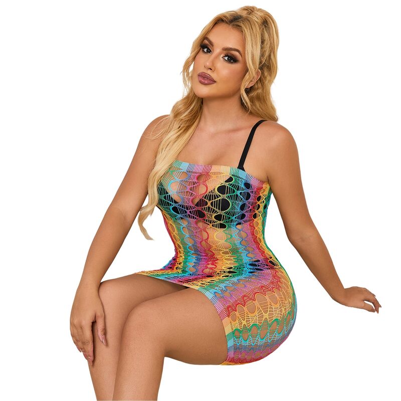 952365 rainbow off-the-shoulder fishnet dress one size