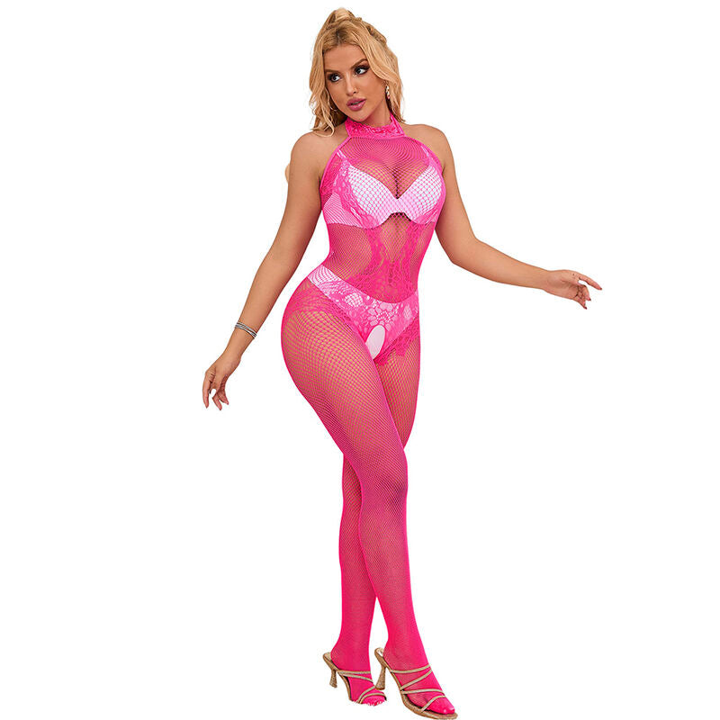 952389 fishnet and lace bodystocking without fur with high neck pink one size