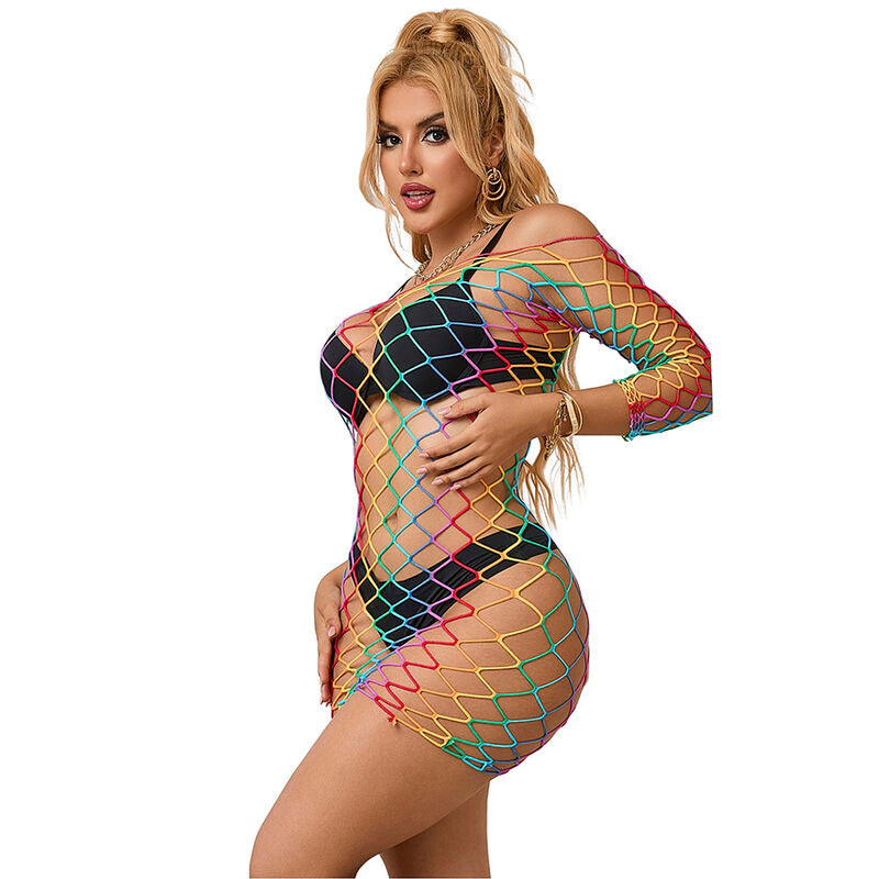 952426 Rainbow Long Sleeve Fishnet Dress One Size