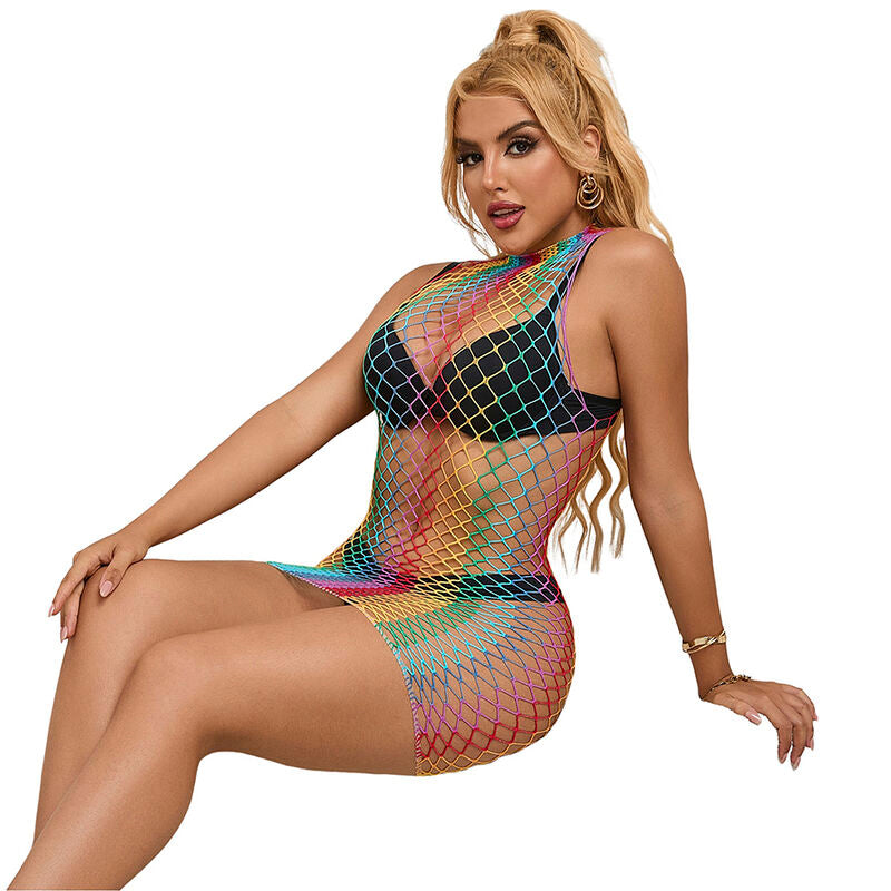 952433 sleeveless fishnet dress with high neck rainbow one size
