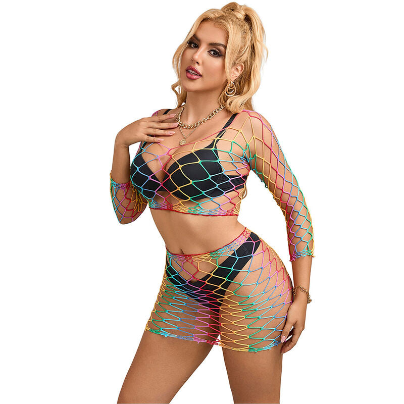 952440 2-piece rainbow long-sleeved fishnet set, one size