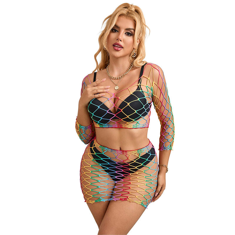 952440 2-piece rainbow long-sleeved fishnet set, one size