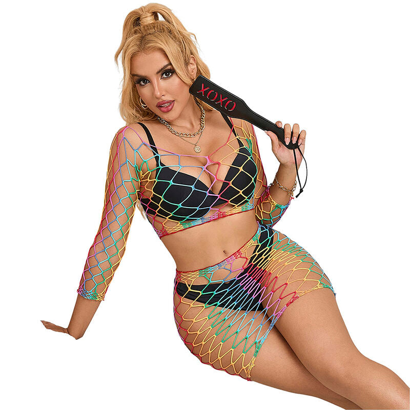 952440 2-piece rainbow long-sleeved fishnet set, one size