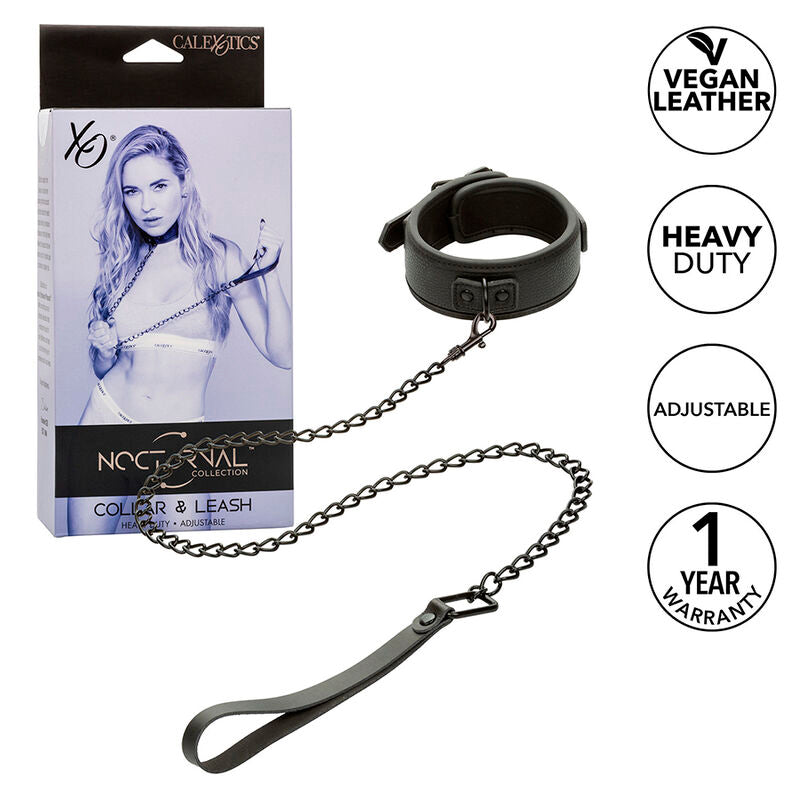 Nocturnal black adjustable leather collar and leash