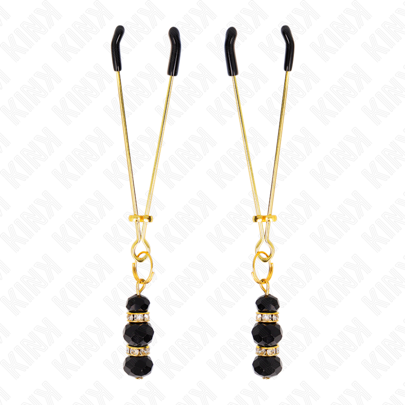 Fine gold nipple clamps with 3 black glass beads 7 cm